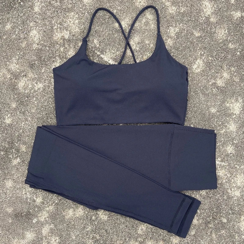 2pcs Gym Leggings Set Yoga Sports Set Women Workout Outfit Fitness Suit Cross Straps Bra High Waist Leggings Running Tracksuit