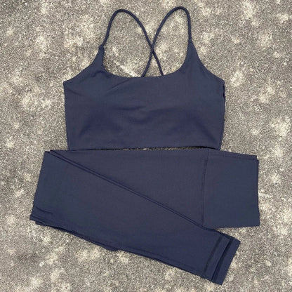 2pcs Gym Leggings Set Yoga Sports Set Women Workout Outfit Fitness Suit Cross Straps Bra High Waist Leggings Running Tracksuit