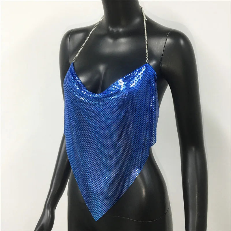 Shiny Metal Sequins Tank Tops For Women Sexy Backless V Neck Adjustable Chain Crop Top Lady Festival Rave Party Club Camisole