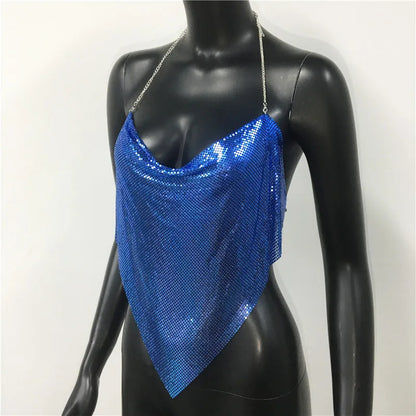 Shiny Metal Sequins Tank Tops For Women Sexy Backless V Neck Adjustable Chain Crop Top Lady Festival Rave Party Club Camisole