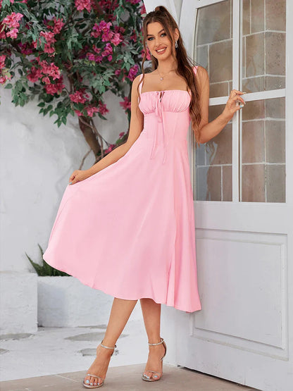 Summer Sweet Solid Sleeveless Long Dress Women Fashion Bandage Camisole Dresses Padded Boned Robe Elegant Party Vestidos