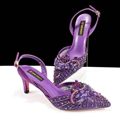 Purple Color Rhinestone Decoration Design Party Wedding Lady Pointed Toe High Heels and Bag Set