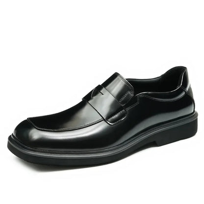 Glossy Black Thick Bottom Large Head Men's Shoes Business Casual Slip-On Loafers round Toe Leather Shoes for Adult Men