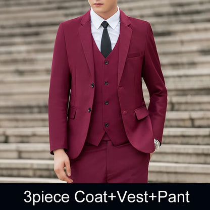 Man Three-piece Sets Fashion Turn Down Collar Coat+Single-breasted Vest+Pant Male Outfit Solid Color Business Wedding Men Suit