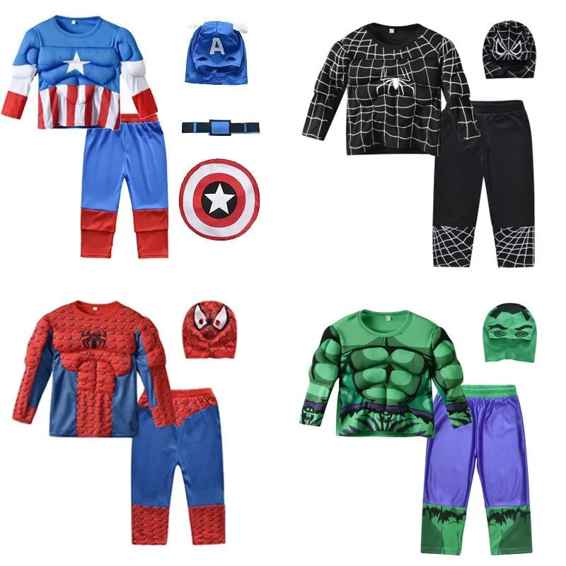 Spiderman Costume Spider-Man Muscle Suit Cosplay Superhero Avengers Boys Girls Long Sleeve Top Pant Cape Halloween Birthday Gift