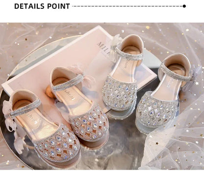 Girls Sandals Shiny Crystal Ins Trendy 2026 Summer New Kids Princess Shoes Mesh Lace Bows Girls Dance Shoes Elegant Hollowed-out