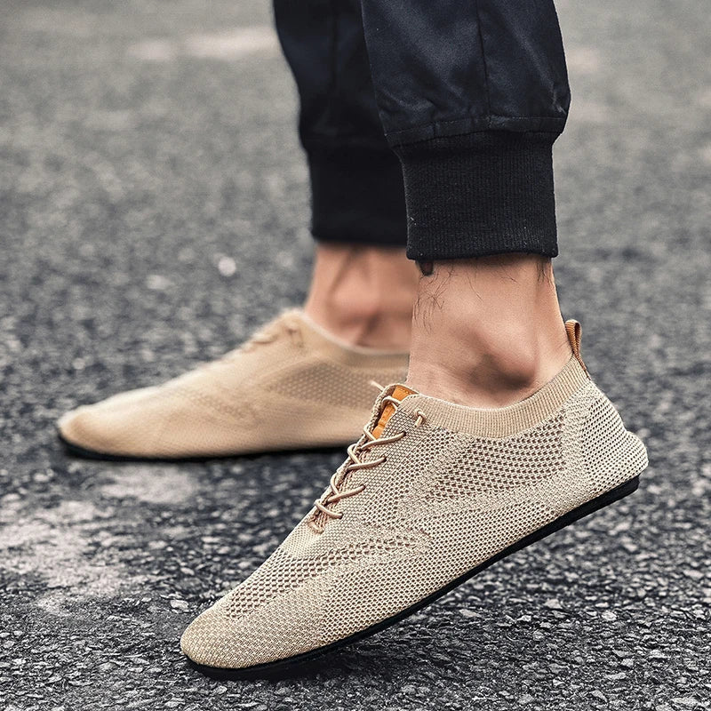 Sapatos Masculinos de Verão em Malha, Sapatilhas Planas para Uso Exterior, Sapatos de Caminhada de Alta Qualidade, Confortáveis, com Cadarço, Respiráveis, Antiderrapantes, Casuais