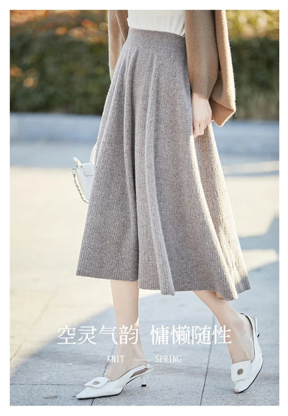 Autumn And Winter High Waist 100% Pure Wool Skirt Female Slim Long Knitted Wool Skirt Loose Wearing A-Line Skirt