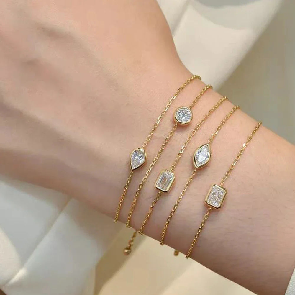 Bezel Setting 1/2CT Pear Marquise Emerald Cut Moissanite Solitaire Link Bracelet Women 925 Silver Diamond Party Wrist Chain