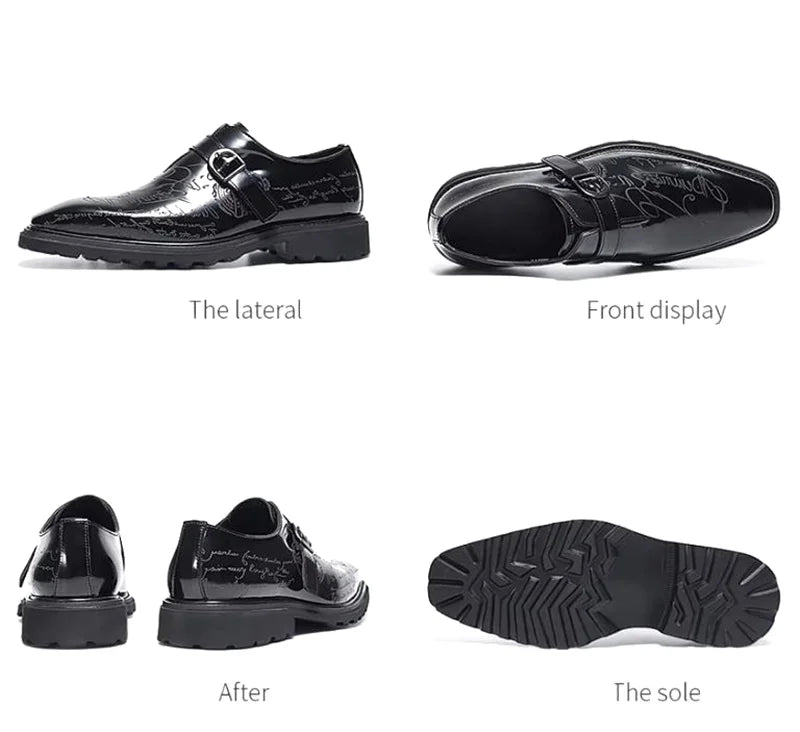 High-end Square-toe Slip-on Buckle Strap Leather Shoes Men Italian Formal Shoes Laser Engraved Letters Design Wedding Shoes Man