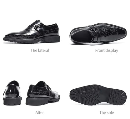 High-end Square-toe Slip-on Buckle Strap Leather Shoes Men Italian Formal Shoes Laser Engraved Letters Design Wedding Shoes Man