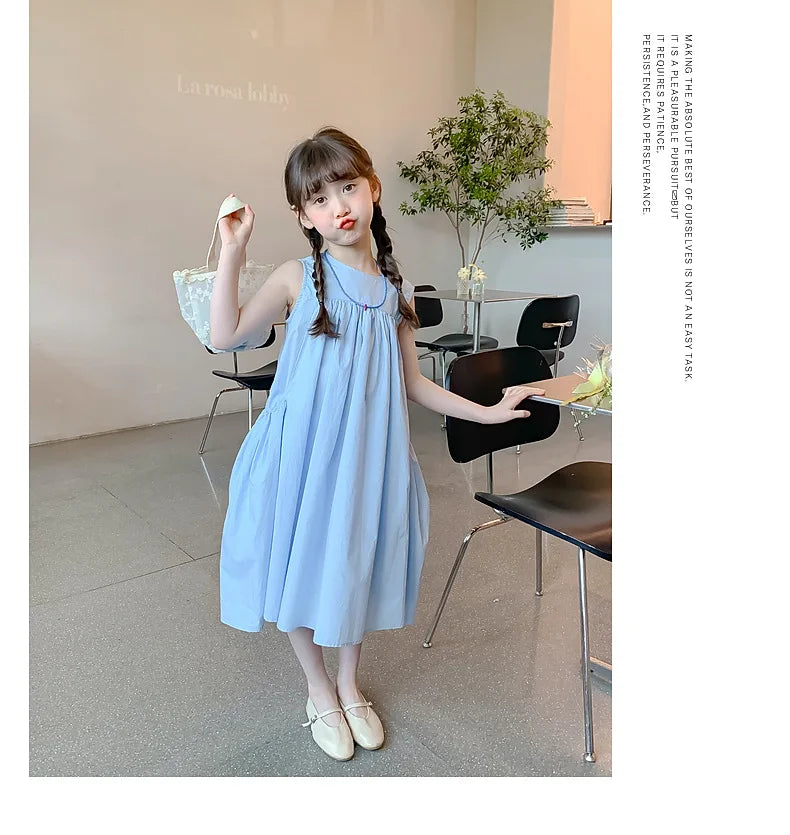 Summer Junior Girl Sleeveless Dress Solid Side Big Pockets Blue Ruched Dress For 2-10Y Girls Casual Round Collar Baby Girl Dress