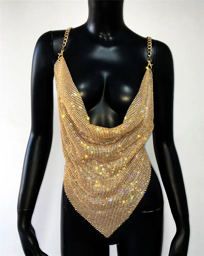 Shiny Rhinestone V Neck Tank Top 2025 Sexy Backless Metal Chain Spaghetti Straps Sling Camisole Women Nightclub Party Crop Top