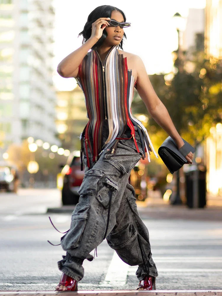 Backless Irregular Hem Tank Tops Woman Colorful Stripe Halter Multiple Zip Design Bandage High Street Hip-Hop Style Vests