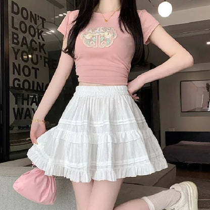 Kawaii White High Waist Pleated Mini Skirts for Women Summer Slim A-Line Skirt Y2K Versatile Puff Tiered Faldas for Girls Female