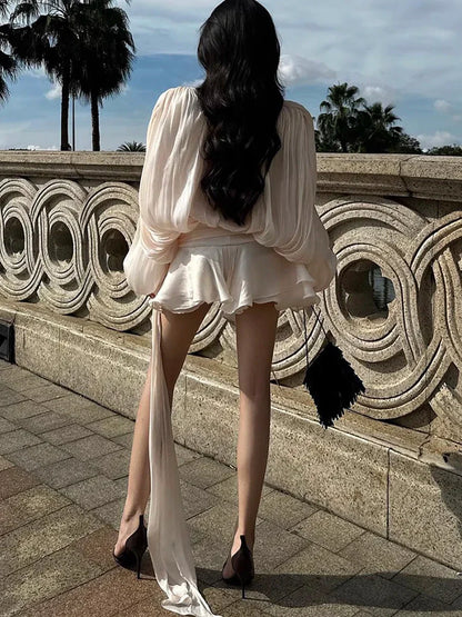 Solid Loose Splicd Lace Up Dresses For Women V Neck Long Sleeves Patchwork Ruffles Tunic Dreses Female Fashio New