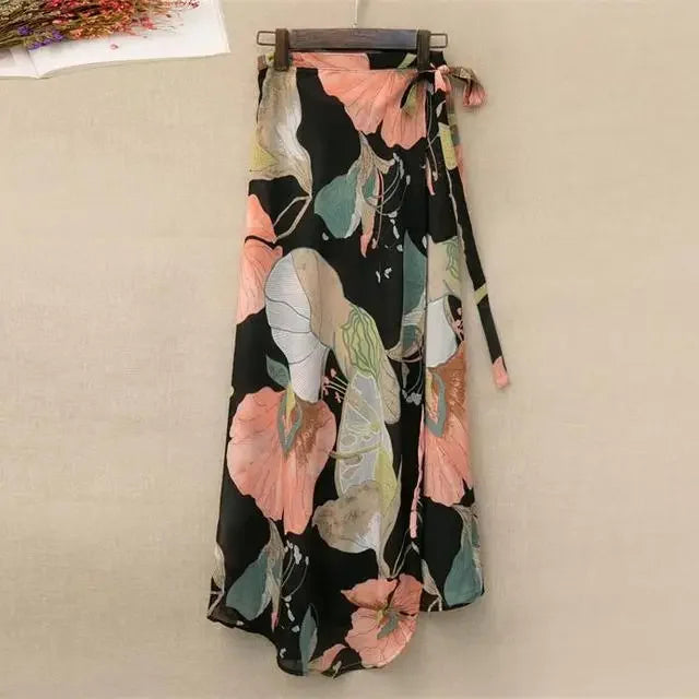 Fashion Women Floral Print Skirt Side Tie  Beach Skirts Summer High Waist Wrap Flower Long Skirt with Slit Y2k Long Skirt