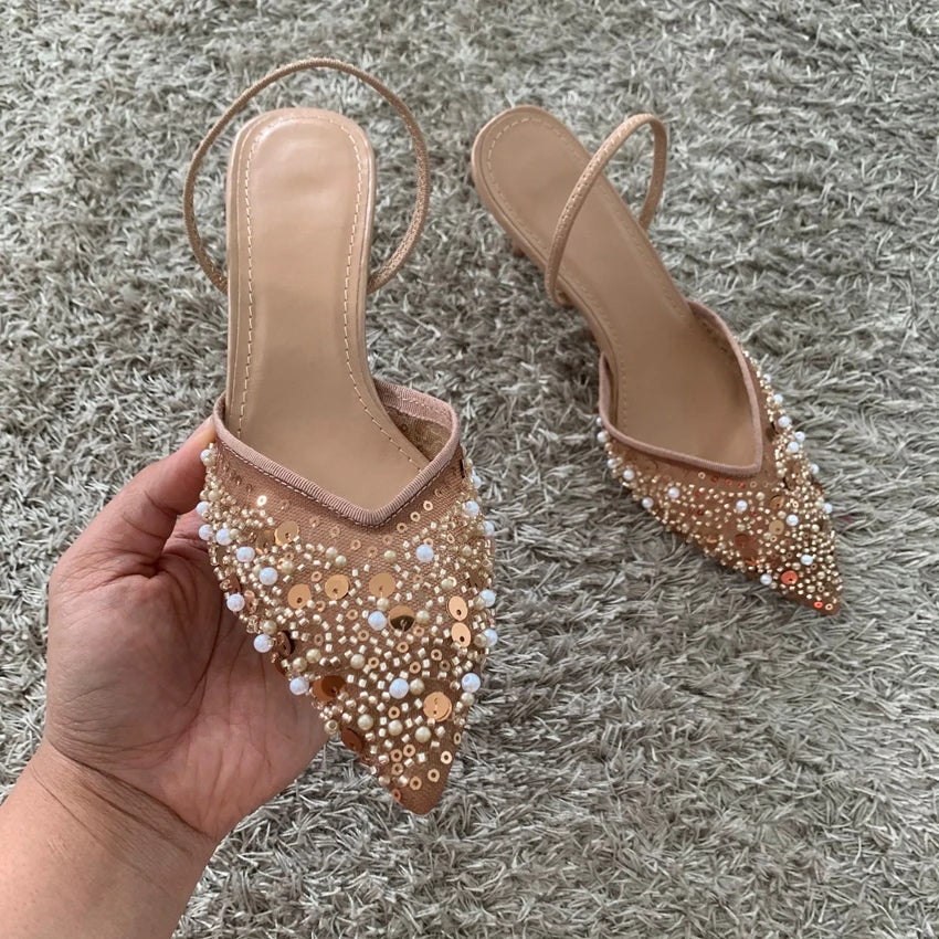 Luxury Fashion Bling String Bead Mesh High Heels Women Sexy Pointed Toe Breathable Heeled Sandals Elegant Slingbacks Women Pumps
