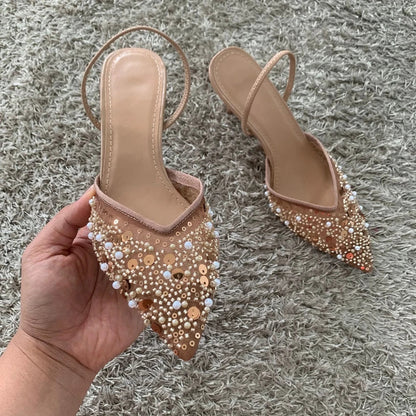 Luxury Fashion Bling String Bead Mesh High Heels Women Sexy Pointed Toe Breathable Heeled Sandals Elegant Slingbacks Women Pumps