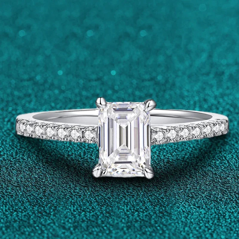 1CT  Moissanite Ring for Women Emerald Radiant Cut Diamond Wedding 925 Silver White Gold Plated  Rings Fine Jewelry