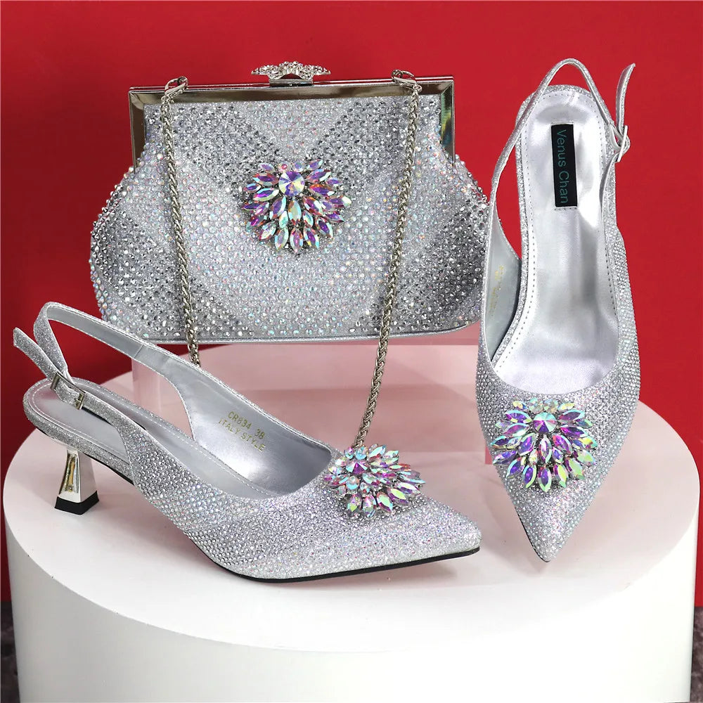Italian Design Rhinestone Luxury Green Colour Pointed Toe Shoe & Bag Set Women's High Heels for Parties High Quality