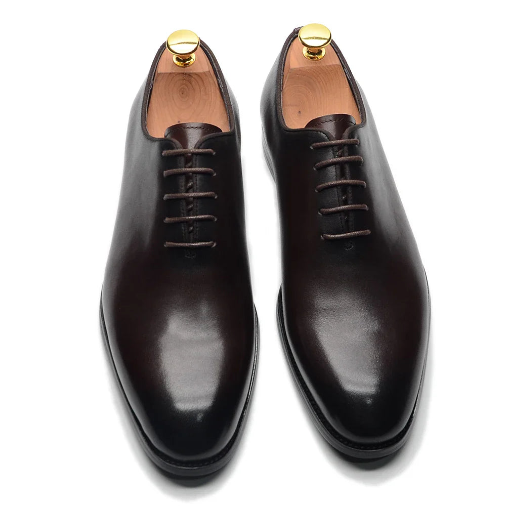 Brand Designer Whole Cut Oxford Dress Shoes Men Genuine Leather Handmade Lace Up Plain Toe Business Office Formal Wedding Shoe