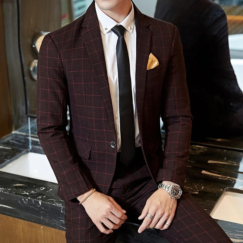 2025 Suit (Blazer+ Pants) Men's Boutique Fashion, Business Gentleman, Slim Fit, Outdoor Wedding, Plaid Trend, Banquet Suit