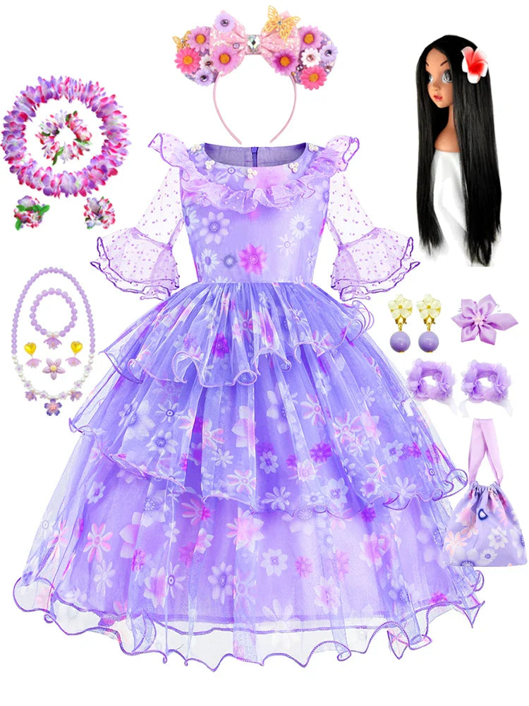 Encanto Isabela Costume Dress For Kids Girl Flare Sleeve Princess Dress Fiower Gown Halloween Christmas Birthday Party Outfits