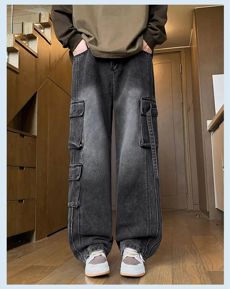 2025 Autumn New Men's Loose Jeans Multi-pocket Work-wearing Jeans Street Hip-hop Straight Wide-leg Pants Baggy Dance Pants