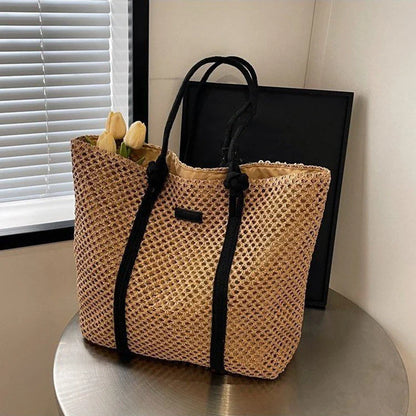 Bolsa Sacola de Palha Tecida de Verão Bolsa de Ombro Feminina Casual de Praia para Férias Bolsas Femininas de Grande Capacidade Cor Sólida