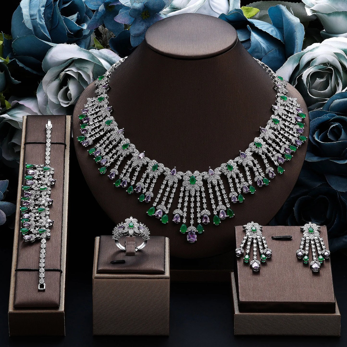 2024 Novo Conjunto de Joias de Luxo 4 Peças com Zircônia Cúbica para Noiva, Conjunto de Colar com Cristais, Conjunto de Joias de Dubai, Nigéria
