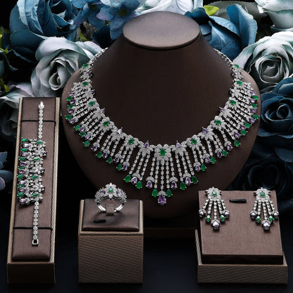 2024 Novo Conjunto de Joias de Luxo 4 Peças com Zircônia Cúbica para Noiva, Conjunto de Colar com Cristais, Conjunto de Joias de Dubai, Nigéria