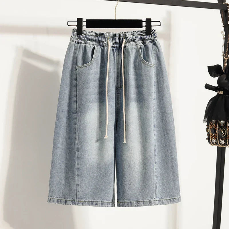 Casual Plus Size Denim Shorts Woman Boyfriend Loose Wide Leg Jeans Short Pants Midi Bermudas Elastic High Waisted Shorts Women