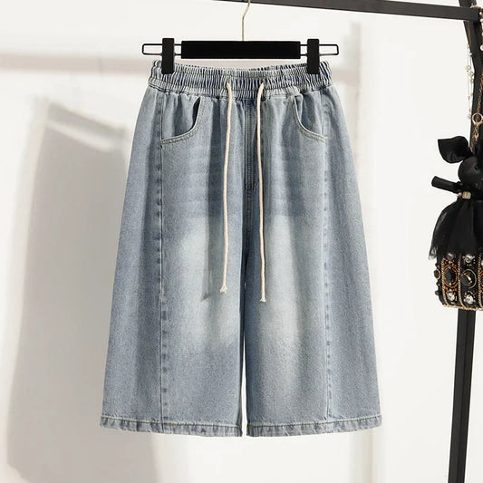 Casual Plus Size Denim Shorts Woman Boyfriend Loose Wide Leg Jeans Short Pants Midi Bermudas Elastic High Waisted Shorts Women