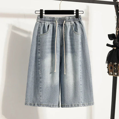 Casual Plus Size Denim Shorts Woman Boyfriend Loose Wide Leg Jeans Short Pants Midi Bermudas Elastic High Waisted Shorts Women