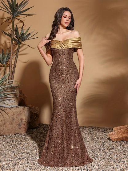 Pleated neckline sequined hip-length dress, elegant and chic dress