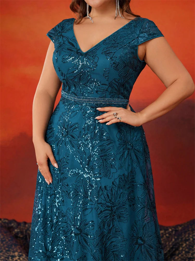 Plus Size Elegant Sequins V-back Cap sleeve Evening Dresses Women Luxury Long A-line Formal Prom Wedding Party Cocktail Gowns