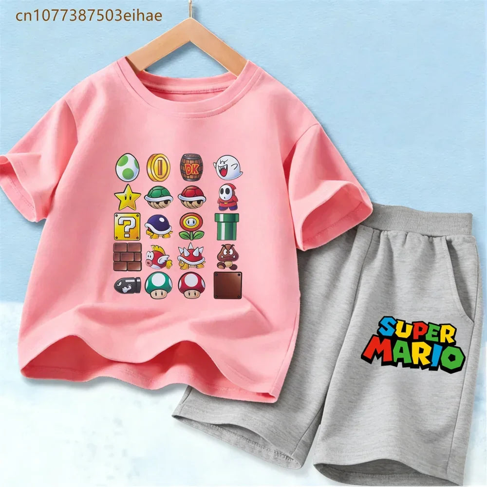 Summer Casual Kids Clothing Set Mario Cartoon Print Pure Cotton Short Sleeve Tee And Shorts 2PCS Wear For Boys Girls