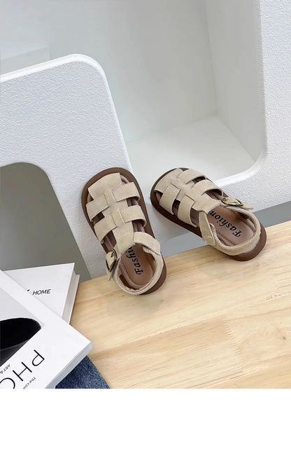 Children Roman Sandals Kids Hollow-out Toes Capped Sandals Fashion Kids Summer Beach Shoes Soft Bottom Anti-slippery Size 21-31