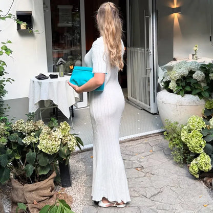 Long Dress Female Short Sleeve Slim Hollow Retro Elegant Sweater Dress 2025 Summer High Waist Woman Dress
