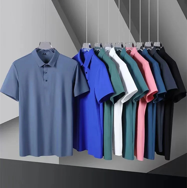 Summer Ice Silk Polo Shirt High-End T-Shirt Solid Color New Half Sleeve Non-Marking Casual Lapels Business Thin Menswear 2025