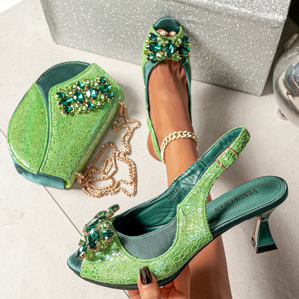 Elegant Green Peep-Toe Women Heel Pumps for Italian Matching Party Shoes and Bags Set for Parties with Diamond Accents