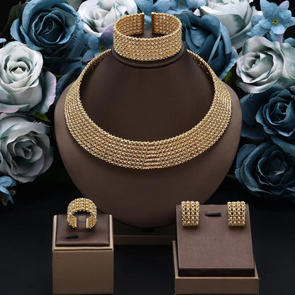 Dubai Casamento Nupcial Conjuntos Completos De Joias Para Mulheres Festa Luxo Nigéria Banhado A Ouro Contas Gargantilha Colar Conjunto De Joias