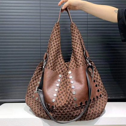Women's fashion casual sports tote bag stitching genuine leather large capacity commuter shoulder messenger bag