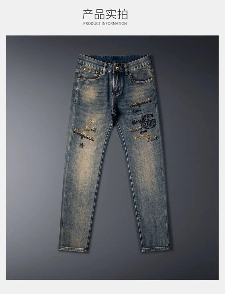 New Spring/Autumn Fashion Trendy Printed American Retro Straight Leg Jeans Men's Casual Sports High Quality Stretch Denim Pants