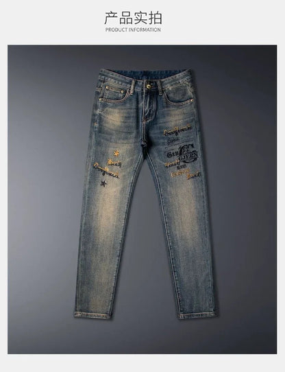 New Spring/Autumn Fashion Trendy Printed American Retro Straight Leg Jeans Men's Casual Sports High Quality Stretch Denim Pants