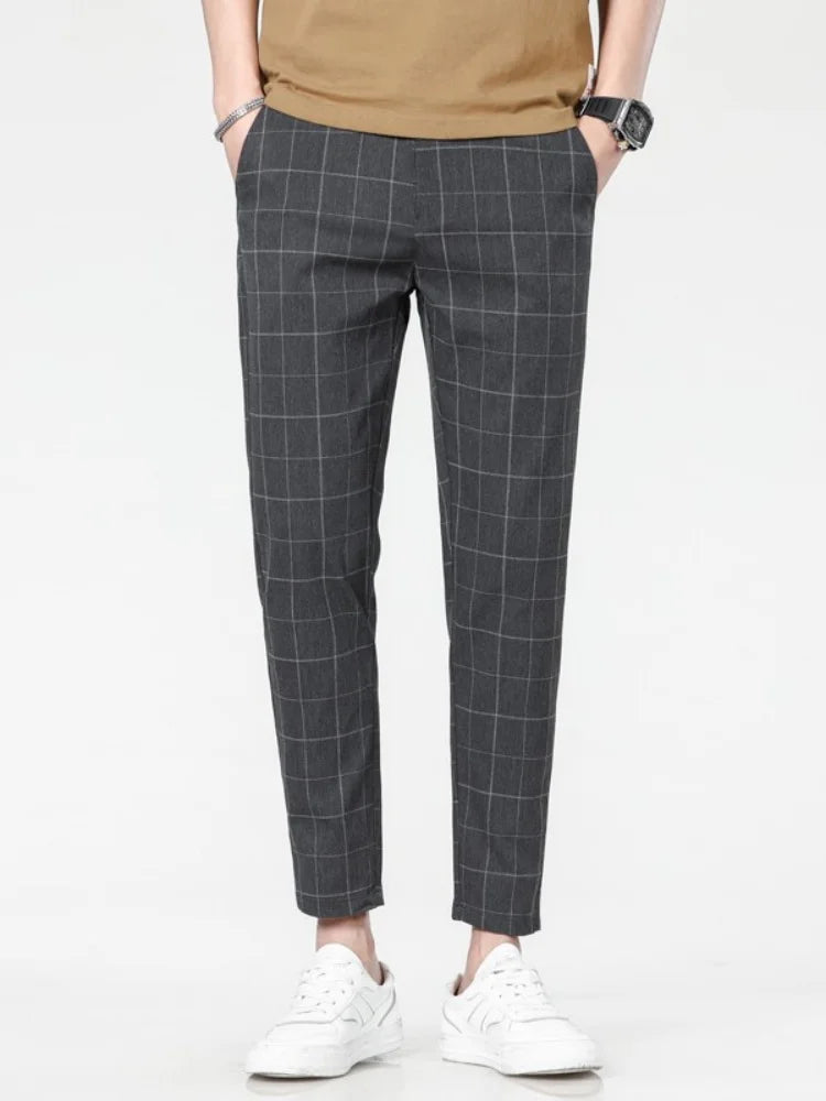 High Quality Plaid Stripe Ankle Length Pants Men Business Long Length Pant Straight Korea Grey Black Suit Formal Trousers Male