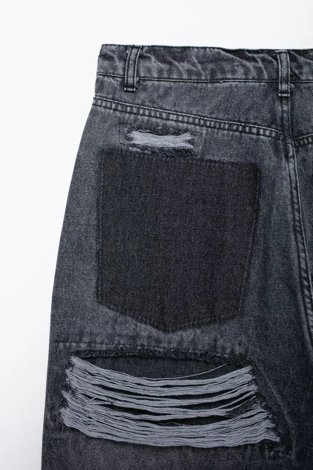 Women's Street Fashion Denim Blue Jeans Distressed Patchwork High Waist Zipper Fly Ripped Retro Long Pants