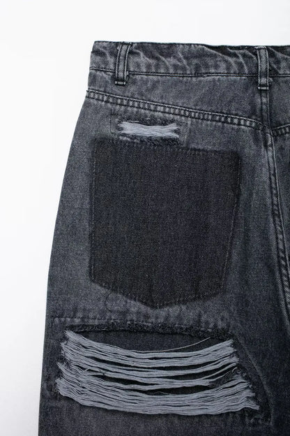 Women's Street Fashion Denim Blue Jeans Distressed Patchwork High Waist Zipper Fly Ripped Retro Long Pants