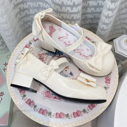 2024 Style Cute Round Head  Jane Pumps With Bow Women's Sweet Party Dress Midi Heels Shoes Fashion PU Sandals